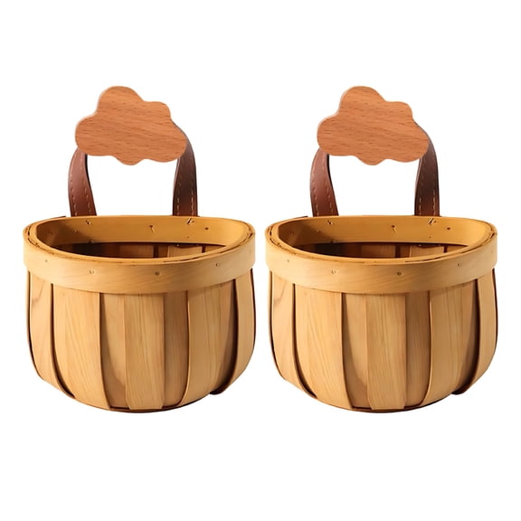 2 Pcs Wooden Baskets Set, Kitchen Storage Baskets, Wall Hanging Storage Baskets with Leather Handle & Cloud Hook, 6.5 x 5.1 x 3.9 in, Farmhouse Decor for Onion, Garlic, Ginger
