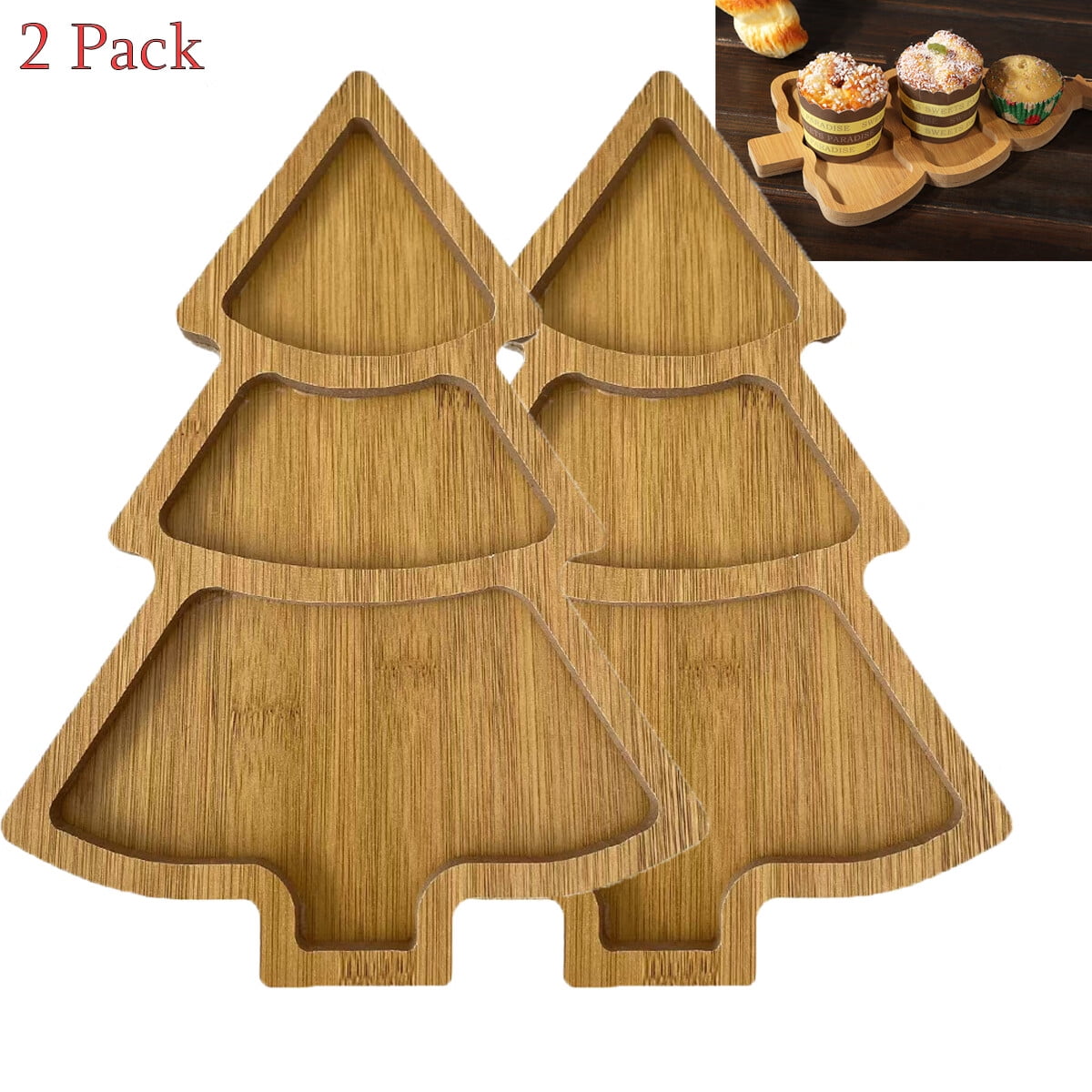 2 Pcs Wooden Christmas Dishes Christmas Tree Serving Plate Tray Shaped