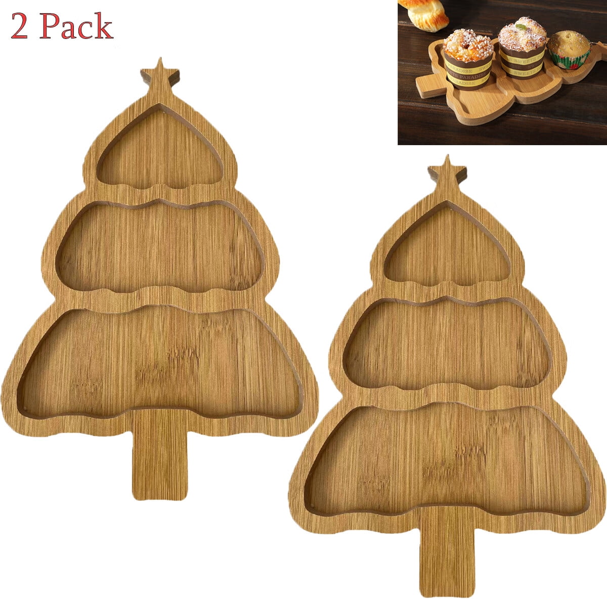 2 Pcs Wooden Christmas Dishes Christmas Tree Serving Plate Tray Shaped