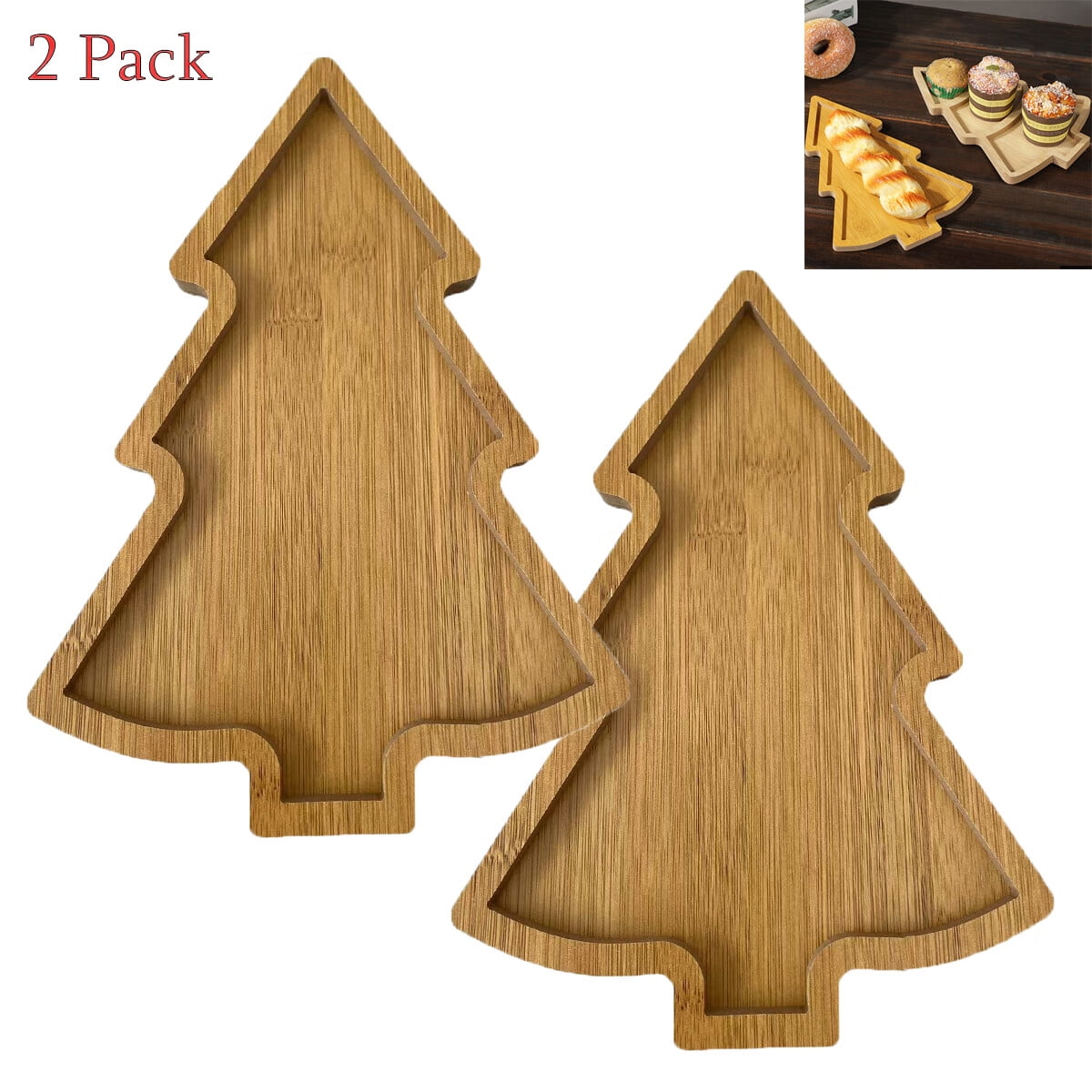 2 Pcs Wooden Christmas Dishes Christmas Tree Serving Plate Tray Shaped
