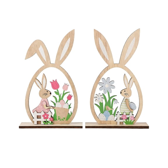 2 Pcs Wooden Easter Bunny Decor, Spring Tabletop Ornaments With Egg & Flower Cutout Design, Easter & Home Accents For Festive Spring Ambiance
