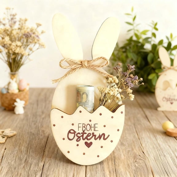 2 Pcs Wooden Easter Bunny Decoration, Egg Shape with Bunny Ears, Natural Wood, Rustic Spring Decor with Hemp Rope