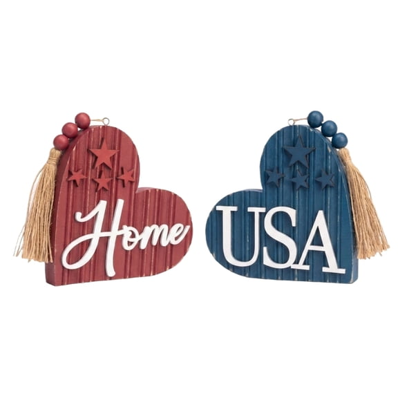 2 Pcs Wooden Heart Shaped Decorative Hanging Plaques with Tassel and Letter Print for Home and USA Themed Wall Art Display