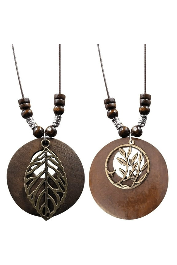 2 Pcs Wooden Pendant Necklace with Metal Leaf Charms Vintage Long Rope Chain Sweater Necklace Jewelry Gift for Women Men
