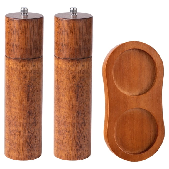 2 Pcs Wooden Salt and Pepper Grinder Set, Manual Oak Wood Pepper Mill with Adjustable Ceramic Grinder, Refillable Pepper Grinder with Oak Base for Kitchen, Brown