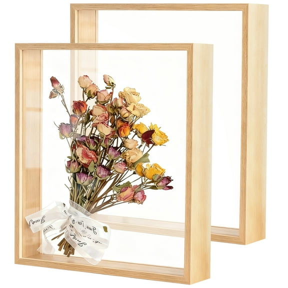 2 Pcs Wooden Shadow Box Frame,Double Acrylic Dried Flower Frame,1.6 in/4 cm Hollow,Wood Color,Tabletop & Wall Decor,8 x 10 in