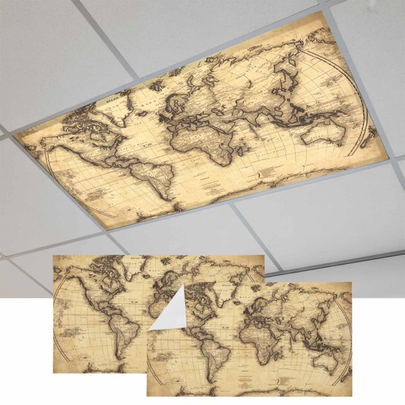 2 Pcs World Map Fluorescent Light Covers Retro Yellow Plate Line Abstract Magnetic Light Covers for Ceiling Lights 4 x 2 ft Drop Ceiling Lights Cover Shade for Office, Home, Hospital