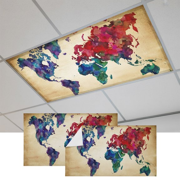 2 Pcs World Map Fluorescent Light Covers Watercolor Splashes Vintage Abstract Map Magnetic Light Covers for Ceiling Lights 4 x 2 ft Drop Ceiling Lights Cover Shade for Office, Home, Hospital