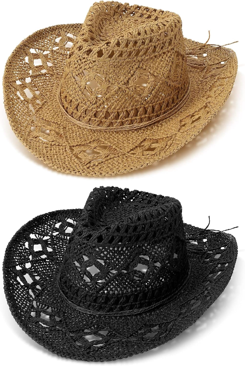 2 Pcs Woven Straw Hollow Out Cowboy Hat for Women, Wide Brim  display picture 3