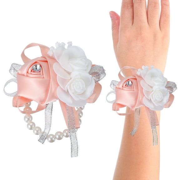 2 Pcs Wrist Corsage Silk Rose Pearls Wedding Bridesmaid Party Champagne