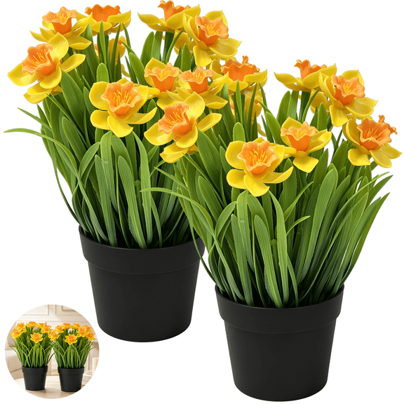 2 Pcs Yellow Artificial Daffodils, 9.8 In Height Potted Faux Flowers In Black Matte Pots, Decorative Spring Home Office Tabletop Decor