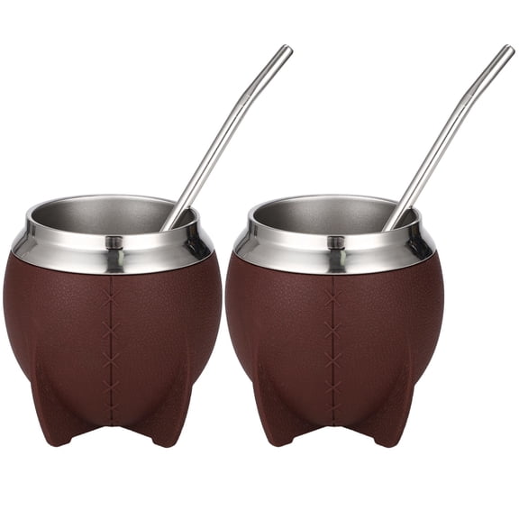 2 Pcs Yerba Mate Cup Set, 9.5 Oz Stainless Steel Gourd, Non-Slip Faux Leather Exterior, Metal Straw, Ideal For Traditional Mate Tea, Coffee Hue
