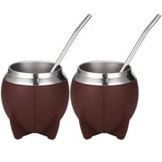 2 Pcs Yerba Mate Cup Set, 9.5 Oz Stainless Steel Gourd, Non-Slip Faux Leather Exterior, Metal Straw, Ideal For Traditional Mate Tea, Coffee Hue