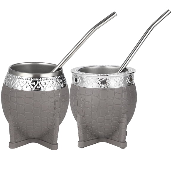 2 Pcs Yerba Mate Cup Set, Stainless Steel, 6.1 oz/180 ml, Wide & Narrow Mouth Options, Gray Non-slip Rubber Exterior, Metal Straws Included, Silver Trim, Traditional Tea Drinking