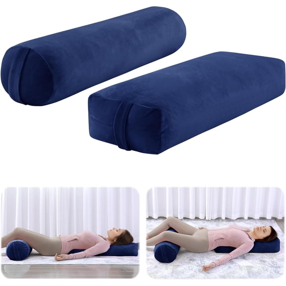 2 Pcs Yoga Bolster Pillow for Restorative Yoga, Rectangular and Cylinder Meditation Pillow Set with Carrying Handles, Supportive Cushion for Exercise Workout Stretching Meditation,Dark Blue