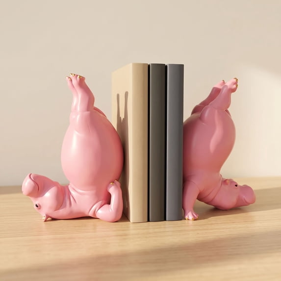 2 Pcs Yoga Hippo Bookends, Pink Handstand Hippopotamus Book Ends, Decorative Bookends for Shelves, Rustic Animal Book Shelf Decor for Home Office