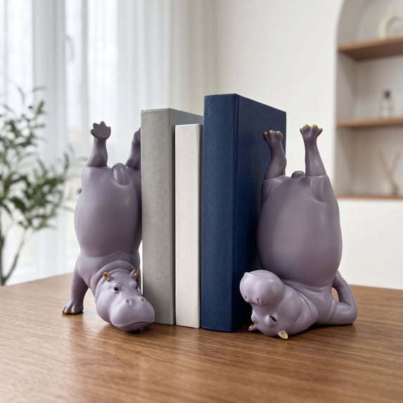 2 Pcs Yoga Hippo Bookends, Purple Handstand Hippopotamus Book Ends, Decorative Bookends for Shelves, Rustic Animal Book Shelf Decor for Home Office
