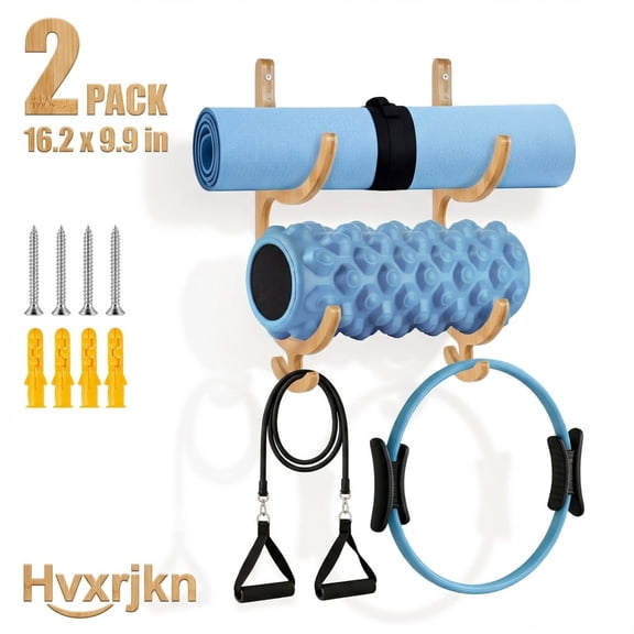 2 Pack Wooden Yoga Mat Holder Wall Mount, Yoga Mat Storage Rack with 4 Hooks for Home Gym Organizer