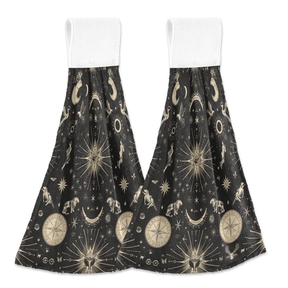 2 Pcs Zodiac Sun Moon Animals Kitchen Hand Towels with Hanging Loops Absorbent Soft Fast Drying Decor Bath Towels