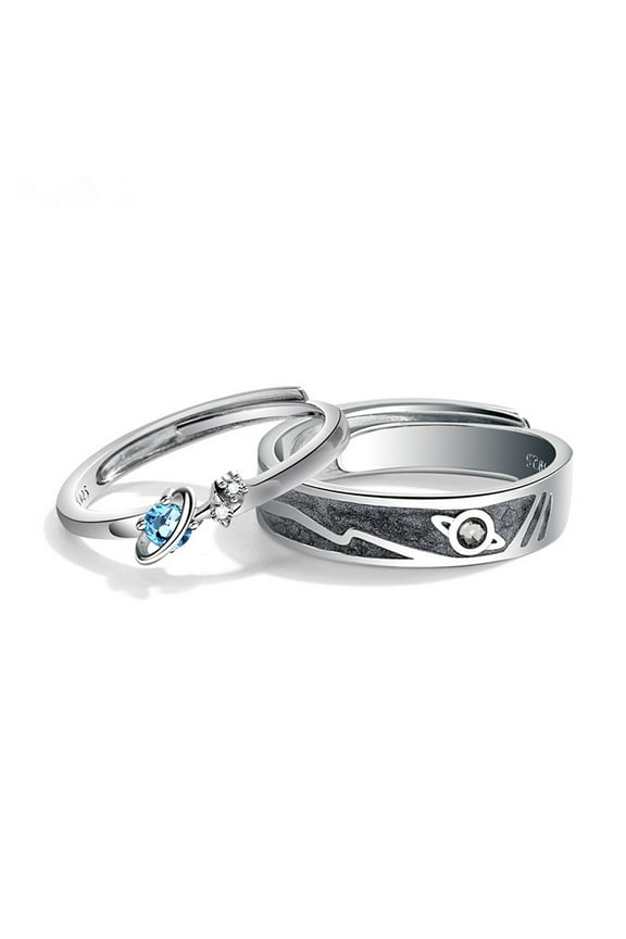 2 Pcs for Saturn Planet and Stars Universe 925 Sterling Silver Lover Rings Band