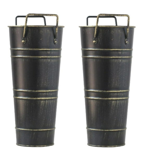 2 Pcs intage Metal Galvanized Flower Vase, 9" Tall Galvanized Metal Planter Bucket with Handles, Farmhouse French Bucket for Centerpiece Wedding Decor, Floral Arrangements, Black