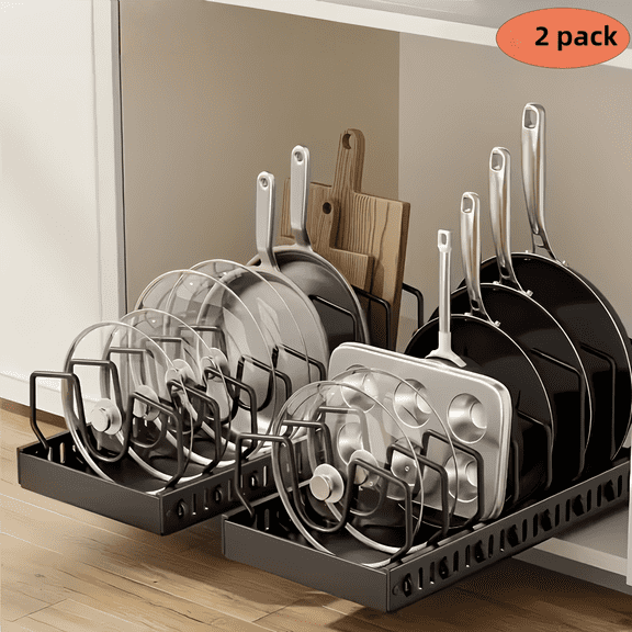 2 Pcs pull-out cabinet storage rack with 8 adjustable shelves, expandable kitchen storage rack frame, with dividers - for storing pots, pans, lids, baking utensils (black)