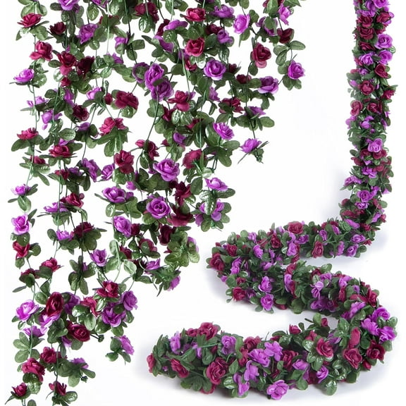 2 Pcs x 8.2 ft Flower Garland Artificial Rose Vine Flowers with Green Leaves Hanging Fake Roses Vine for Room Party Home Wedding Birthday Christmas Wall Arch Decor, Spring Purple Flower