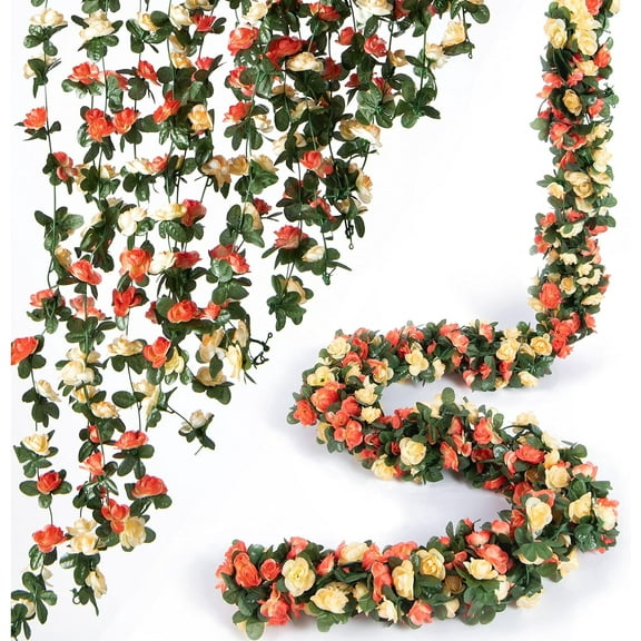 2 Pcs x 8.2 ft Flower Garland Artificial Rose Vine Flowers with Green Leaves Hanging Fake Roses Vine for Room Party Home Wedding Birthday Christmas Wall Arch Decor, Champagne Flower
