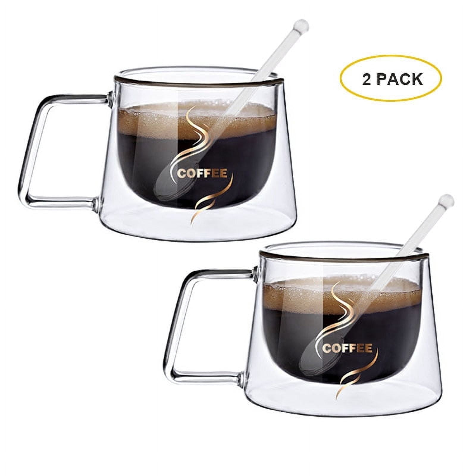 2 Pcs Coffee Mug Clear Glass Coffee Cups 6.8 oz with Handles & Spoon for Hot and Cold Beverages - Cappuccino, Latte, Tea Cup. Crystal Clear Glass Cups, Espresso Coffee Gifts