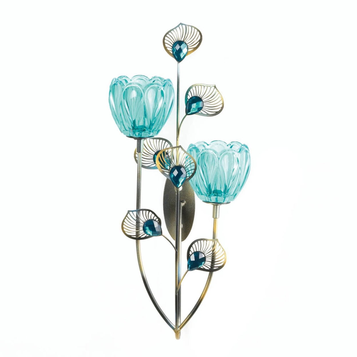 Turquoise Jewel Peacock Plume Iron & Glass Wall Sconce