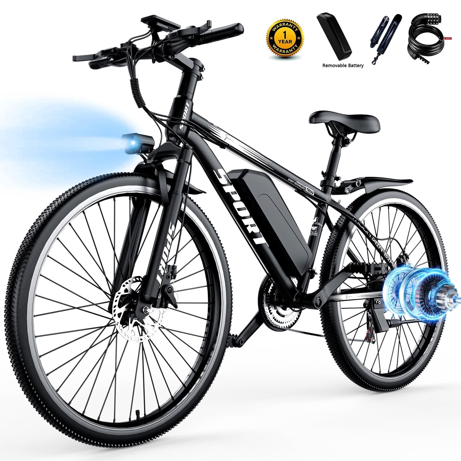 ASKGO 1200W Peak Electric Bike for Adults,48V 10.5A Ebike 26*2.2"Electric Mountain Bicycle,65Miles&30Mph,All-Terrain Off-Road Ebike, Full Suspension /Disc Brake, UL2849,7-Speed,Password lock 365Lbs