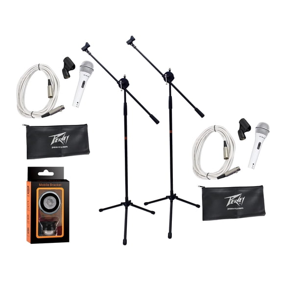 (2) Peavey Pvi2 White Microphone w/Mic Clip & Carrying Bag + (2) Mr. Dj Microphone Stand Series + (2) 20 Feet XLR to XLR White Cable