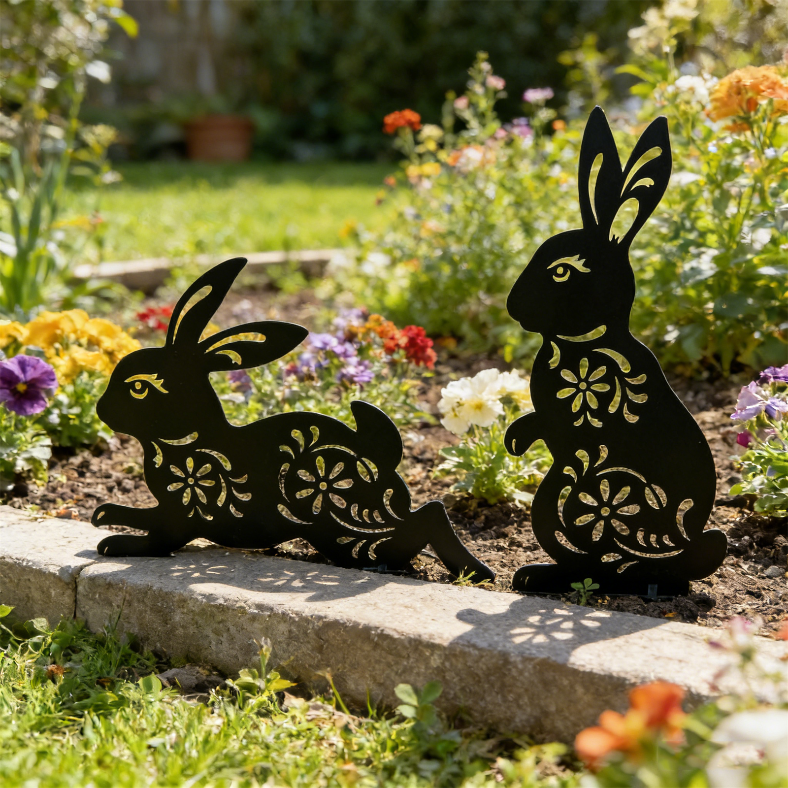 2 Peice Bunny Yard Sign,Metal Animal Yard Decor,Easter Bunny Lawn Signs with Stakes,Realistic Rabbits Decoration for Garden Lawn Pathway,Outdoor Metal Bunny Silhouette Art Decor