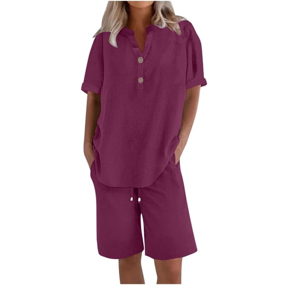 2 Peice Cotton Linen Short Sets for Women - Short Sleeve Shirts & Wide Leg Shorts Comfy Breathable Summer Outfits, 2026 New Limited Time Offer