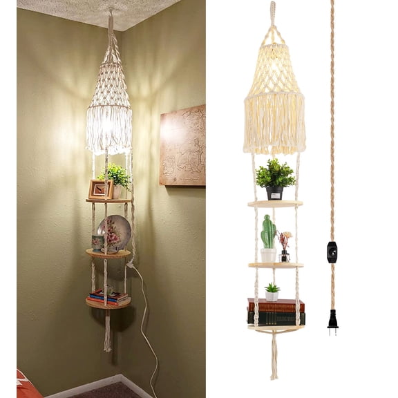 2--Pendant Light Boho Macrame Hanging Lamp with Plant Holder
