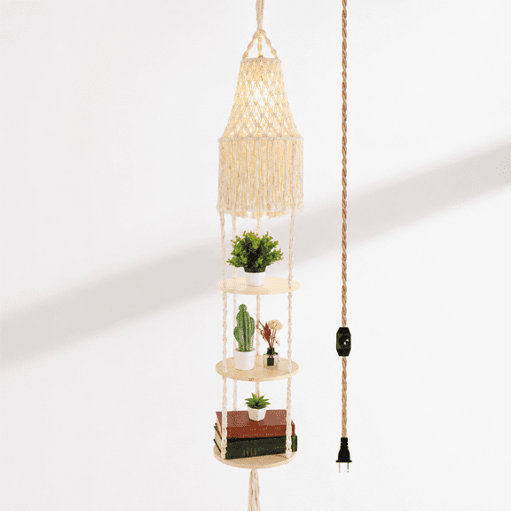 2--Pendant Light Boho Plug In Dimmable Hanging Lamp with Macrame Shade and Plant Holder