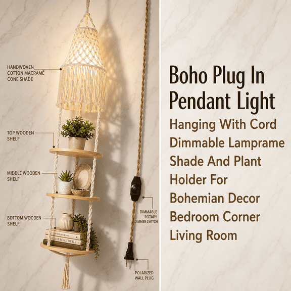 2--Pendant Light Boho Plug In Dimmable Hanging Lamp with Macrame Shade and Plant Holder