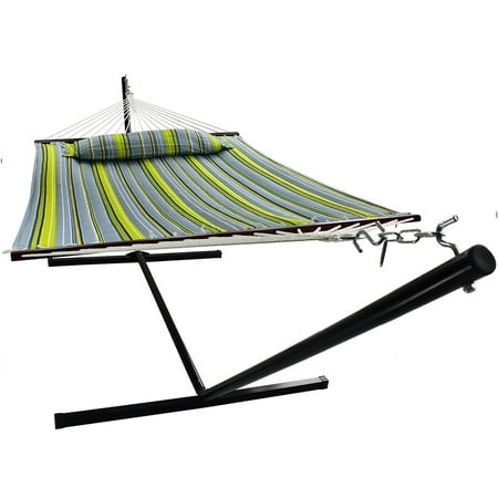 2 People Hammock with Spreader Bars & Stand Heavy Duty 450 Pound Capacity – (45” X 53” Bed, Green)