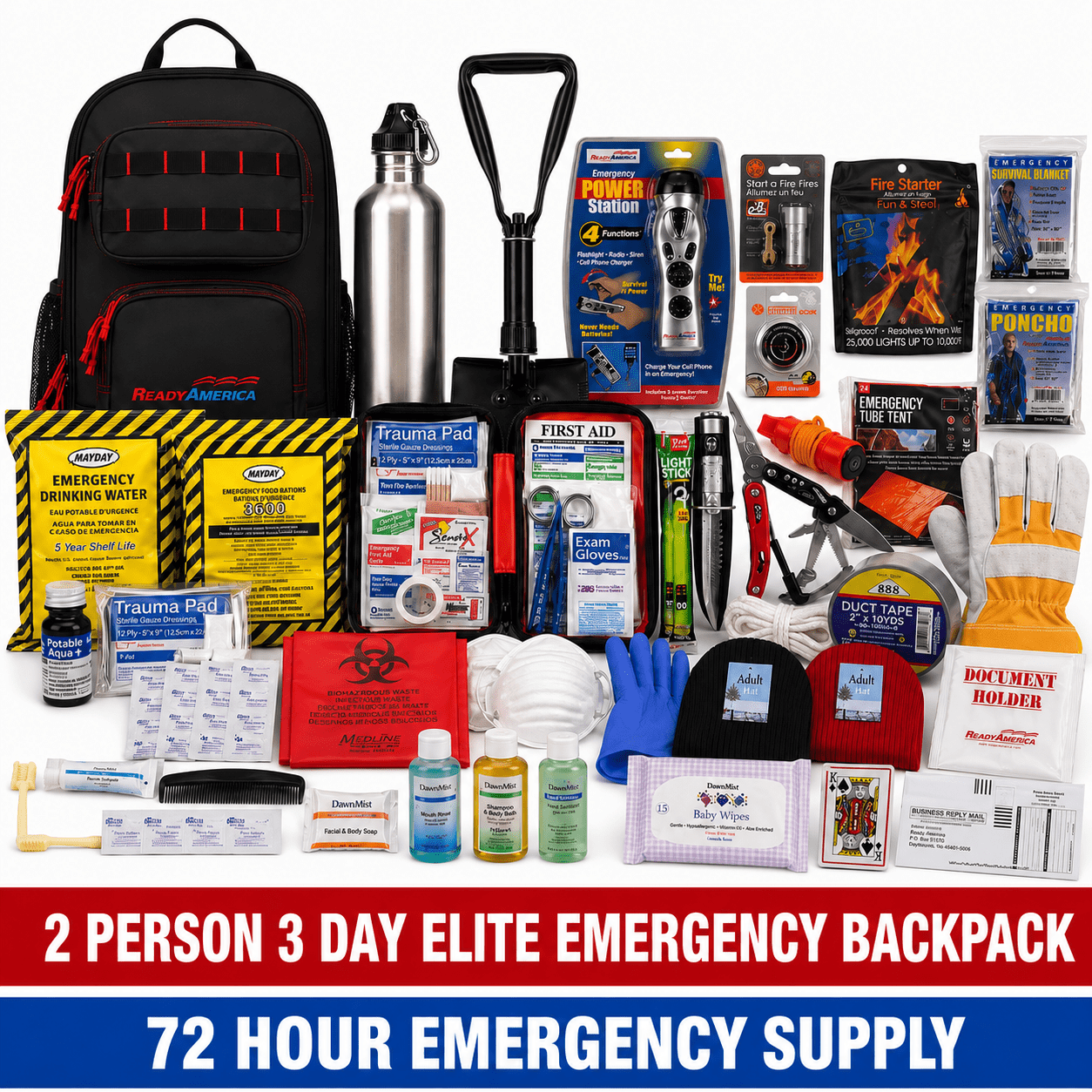 Ready America 72-Hour 2-Person Emergency Survival Backpack Kit with Food, Water, First Aid, Power Station, Shelter