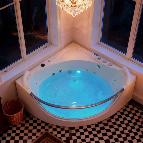 2 Person Acrylic Corner Whirlpool Bathtub 59 Inch 16 Jet Hydro Massage Bathtub With Heater Rainbow Light UL Certified Spa(LTL carry)
