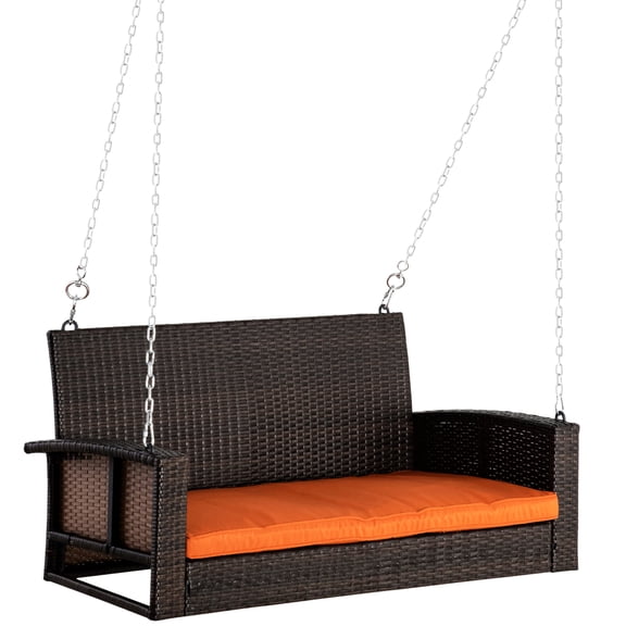 2 Person Backyard Patio Swing, Orange Bench With Cushions, 550 Lbs. Load Capacity Porch Swing Bench, Hanging Chair