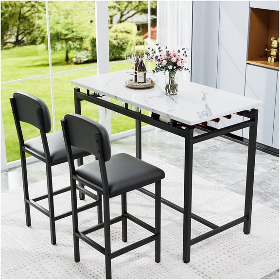 2-Person Bistro Set, 35.9" Counter Height Dining Table with 2 Padded PU Leather Chairs, Small Space Kitchen Set for Apartments, Breakfast Nooks, and Bars, Rustic Black