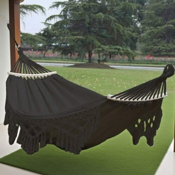 2-Person Boho Tassel Hammock, 500lbs Capacity Portable Rope Hammock Swing with Travel Bag, Beige Hammock for Outside, Porch & Garden