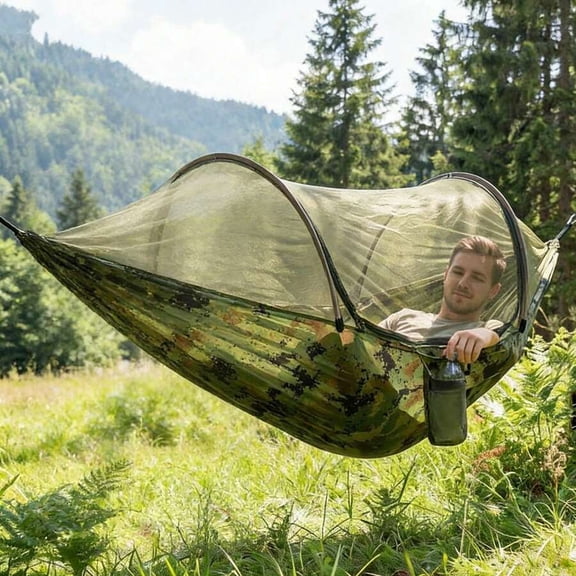 2-Person Camping Garden Hammock With Mosquito Net, Outdoor Furniture Bed, Parachute Fabric, Sleeping Swing, Portable Hanging