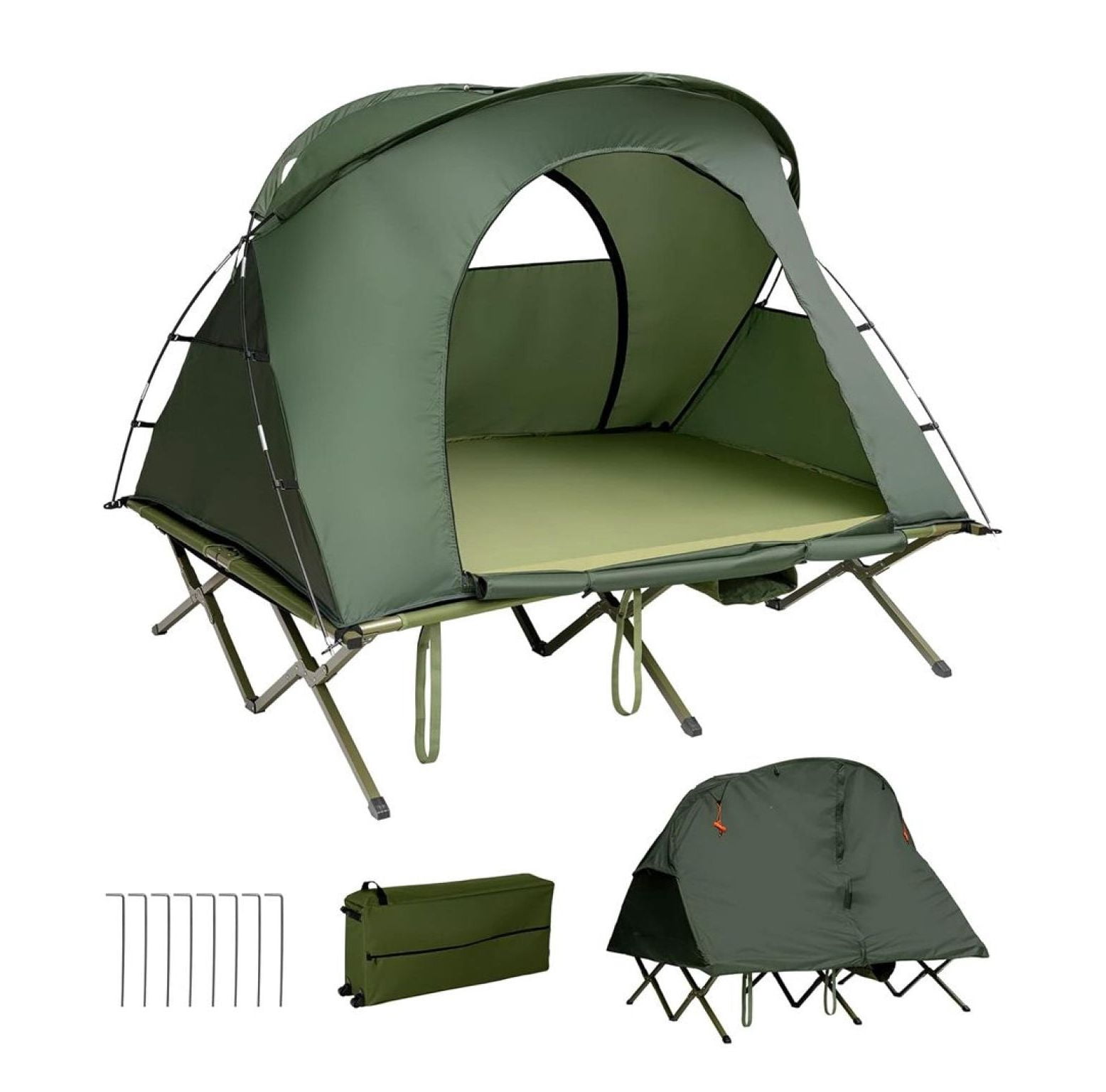 2-Person Camping Tent Cot, Outdoor Waterproof Tent with Self-Inflating Mattress, Portable 4-in-1 Camping Bed with Cover & Roller Bag