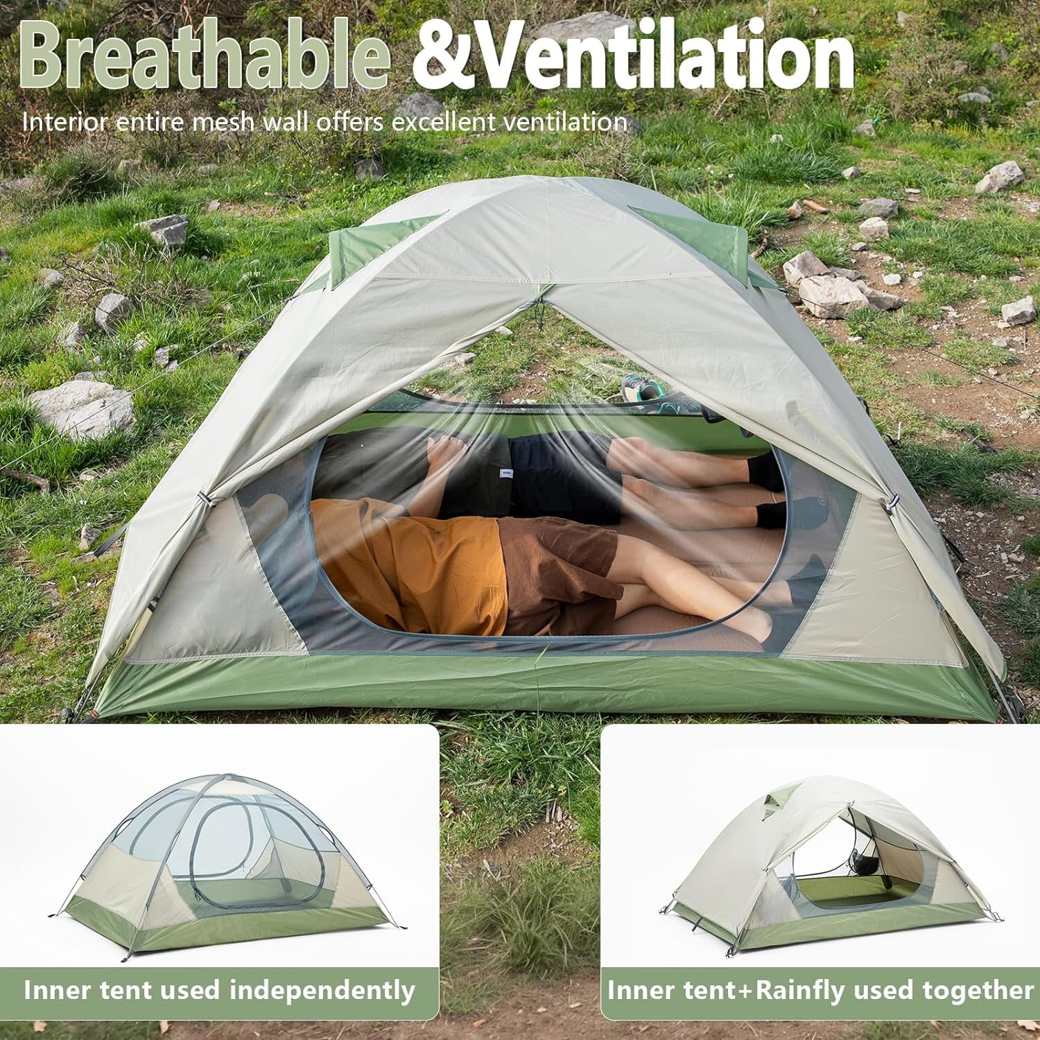 2 Person Camping Tent Lightweight Backpacking Waterproof Windproof Double Layer Outdoor Tents for Family Hiking