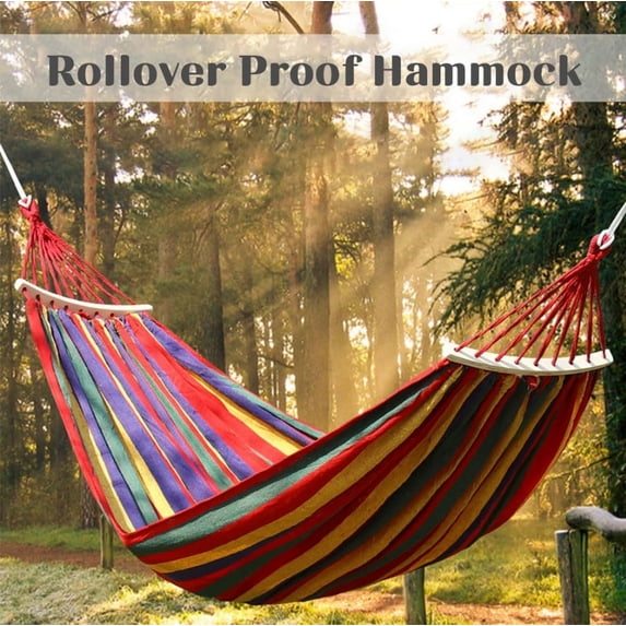 2-Person Canvas Camping Hammock with Stripes, Portable Hammocks for Traveling, Beach, Backyard, Patio, Hiking, and Wooden Stick Included
