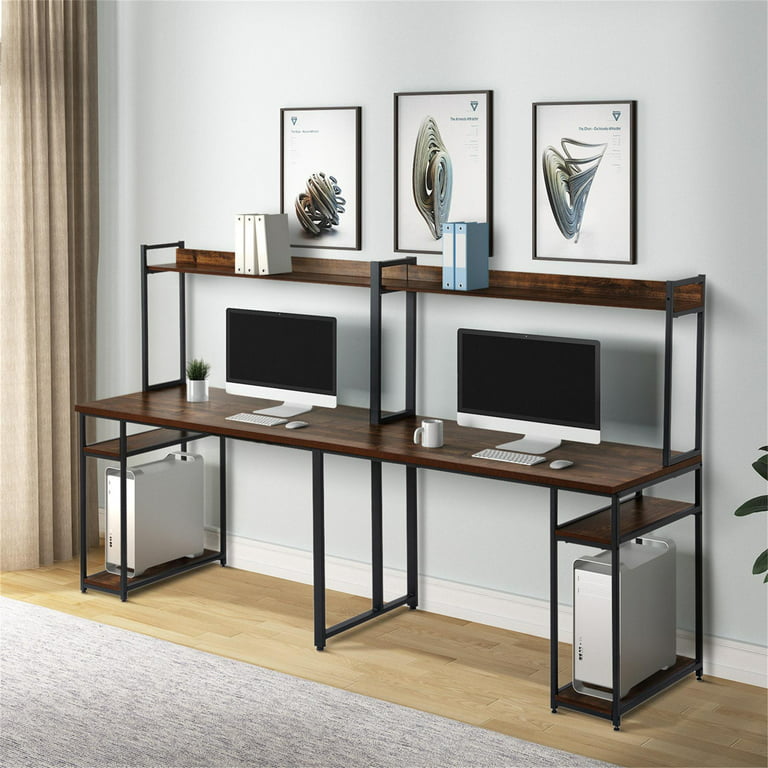 2-Person Computer Desk, Double Workstation with Hutch and Storage, Home  Office Desk with Spacious Tabletop, Modern Industrial Study Table with  Shelf for Small Area Space Bedroom kids Teens, Brown 