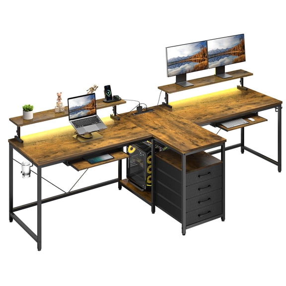 Extra Long 2 Person Gaming Desk with Power Outlet & RGB LED Lights, 94.5 Inch Computer Desk for Home Office, Storage Shelves, Monitor Stand, Brown