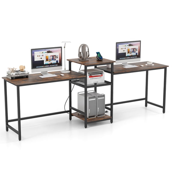 2-Person Computer Desk with Power Outlet and Printer Stand, 97 " Long Home Office Desk Writing Desk,Rustic Brown